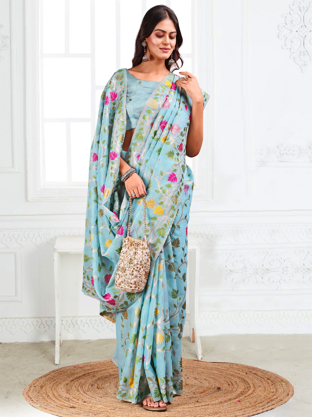 Anaita Blue Linen Printed Saree With Blouse | Grocsy