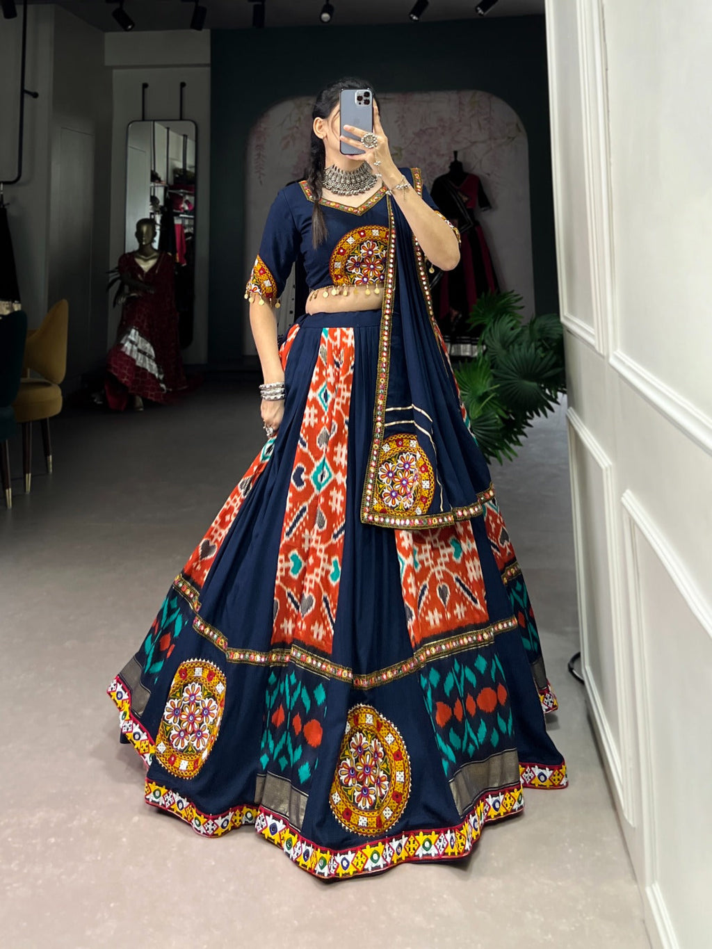 Lorenvalley Blue Rayon and Printed Silk with Plain And Printed With Original Mirror Gamthi Work And Gamthi Patch Work Lehenga Choli | Grocsy
