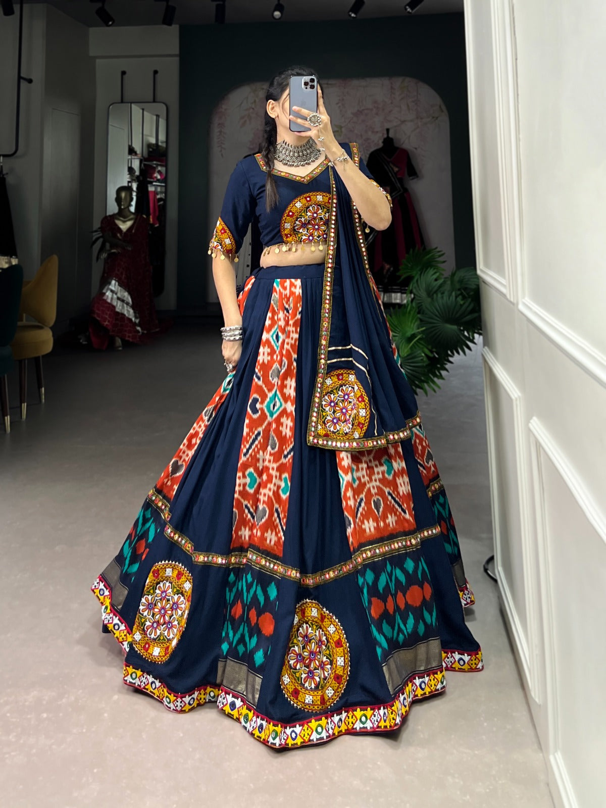 Lorenvalley Blue Rayon and Printed Silk with Plain And Printed With Original Mirror Gamthi Work And Gamthi Patch Work Lehenga Choli | Grocsy