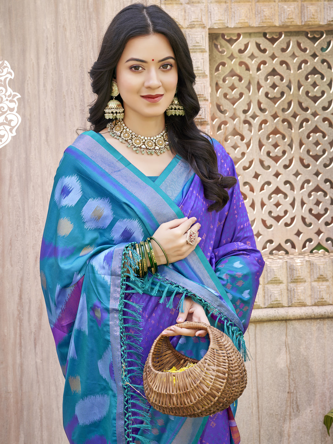 Anaita Blue Pochampally Silk Saree With Floral Printed Work With Blouse | Grocsy