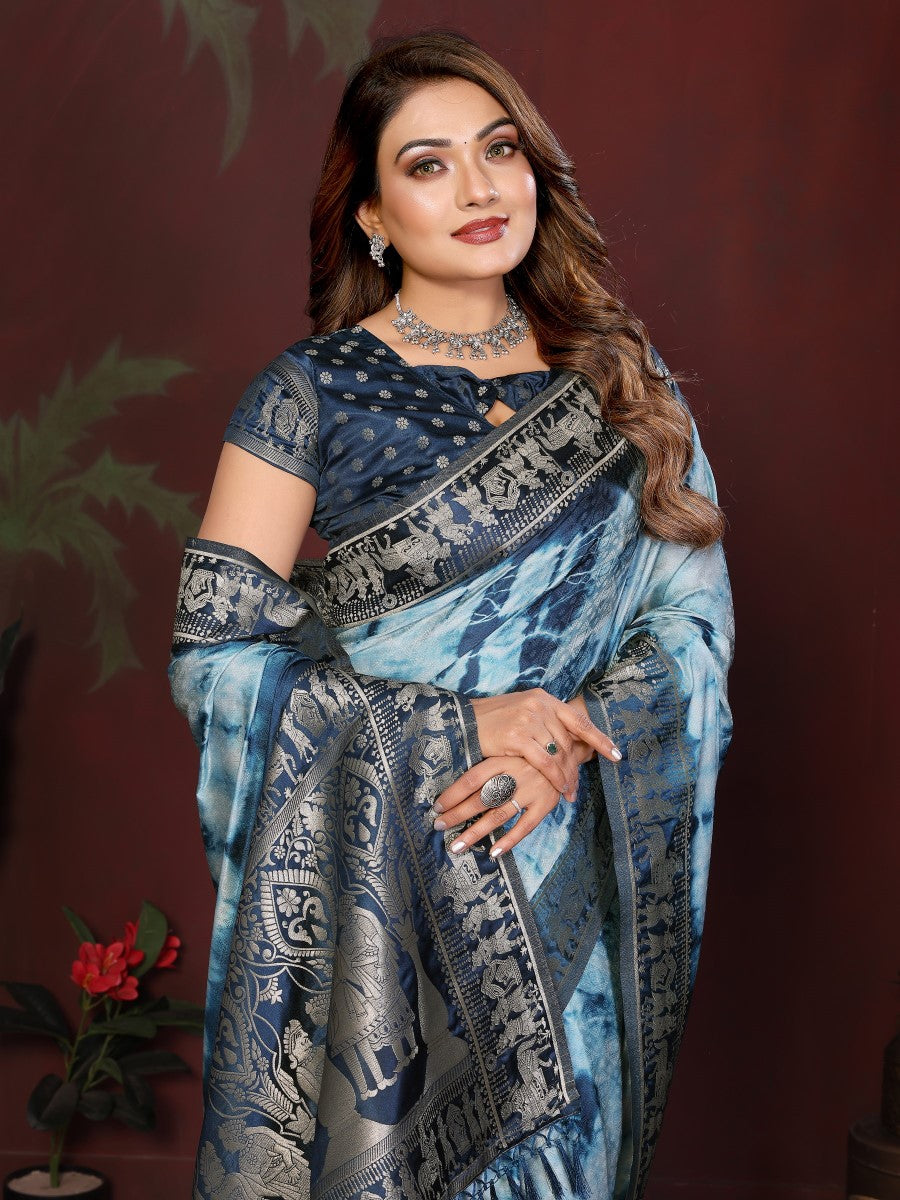 Anaita Blue Zari Weaving Work Satin Silk Saree With Blouse | Grocsy