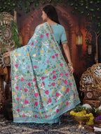 Anaita Blue Linen Printed Saree With Blouse | Grocsy