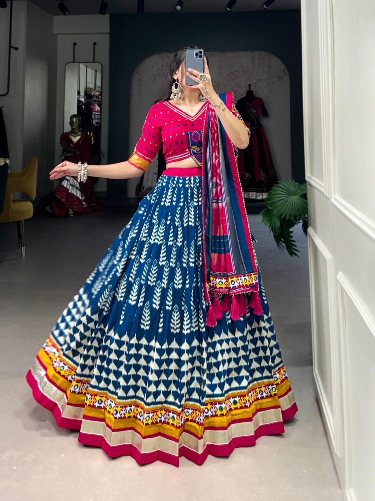 Lorenvalley Black Dola Silk with Printed With Foil Work And Original Mirror Gamthi Lace Touch Up Lehenga Choli | Grocsy