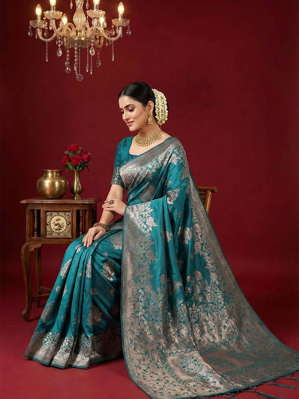 Anaita Blue Silk Blend Woven Saree With Blouse | Grocsy