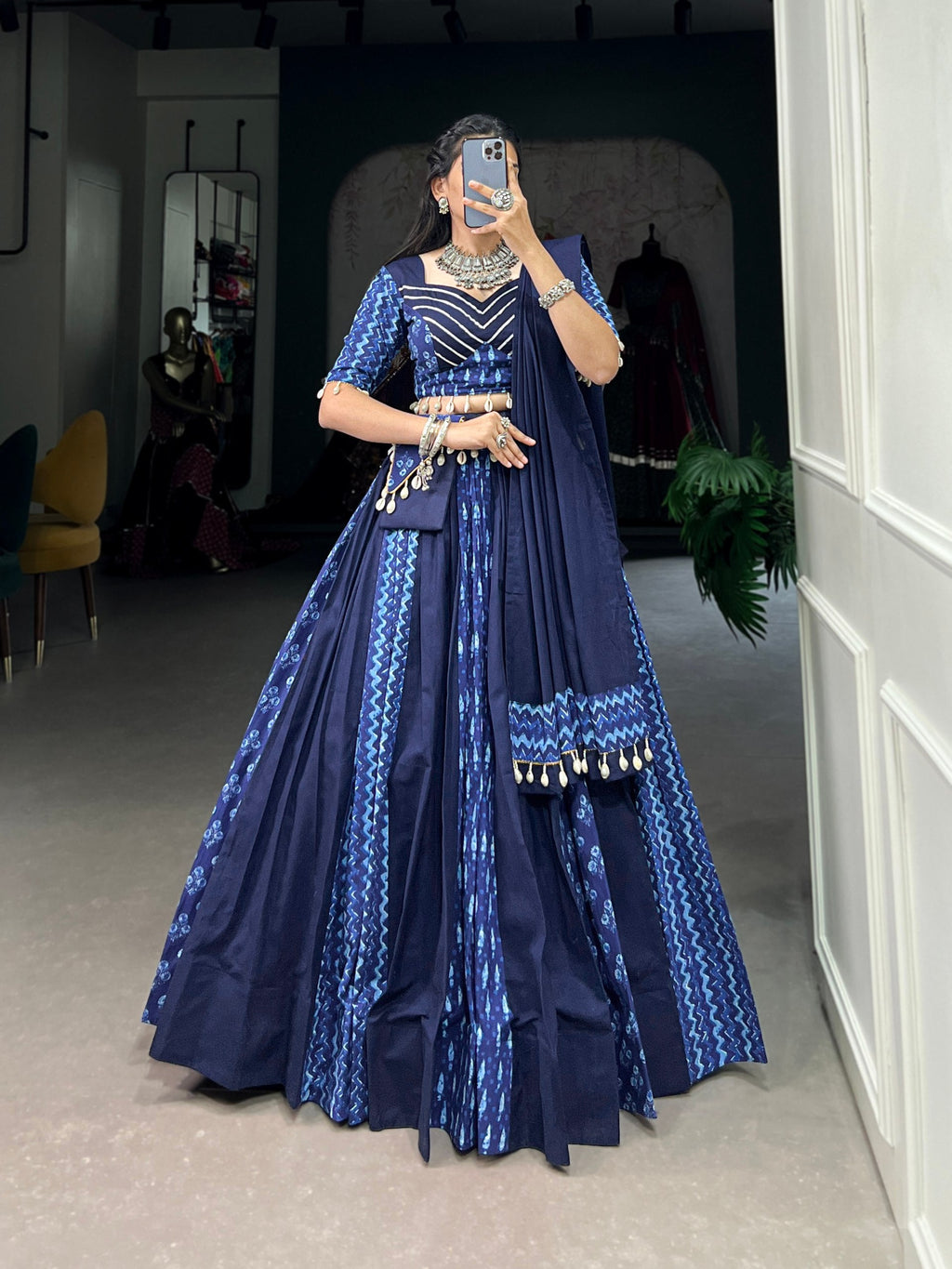 Lorenvalley Blue Pure Cotton Chaniya Choli Adorned With Cowrie Shells And Paired With A Matching Purse | Grocsy