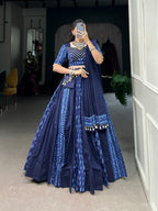Lorenvalley Blue Pure Cotton Chaniya Choli Adorned With Cowrie Shells And Paired With A Matching Purse | Grocsy