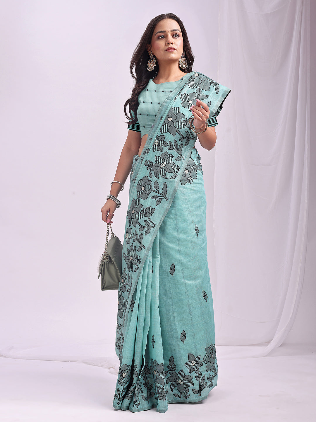 Anaita Blue Linen Printed Saree With Blouse | Grocsy