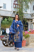Lorenvalley Blue Roman Silk Floral Print With Beets Handwork Kurta Set | Grocsy