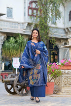 Lorenvalley Blue Roman Silk Floral Print With Beets Handwork Kurta Set | Grocsy