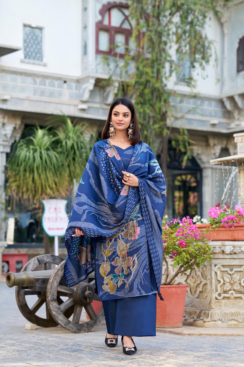 Lorenvalley Blue Roman Silk Floral Print With Beets Handwork Kurta Set | Grocsy