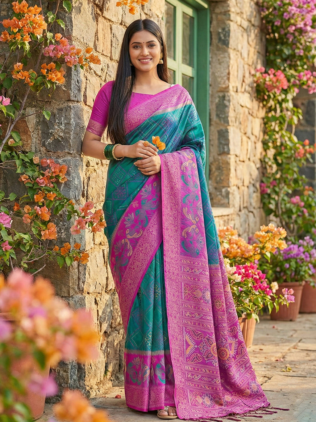 Anaita Blue Pochampally Printed Saree With Blouse | Grocsy