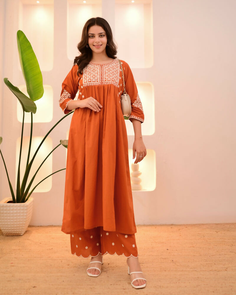 The52 Women's Beautiful Viscose Rayon Fabric Thread Work Flared Kurta Pant Set | Grocsy