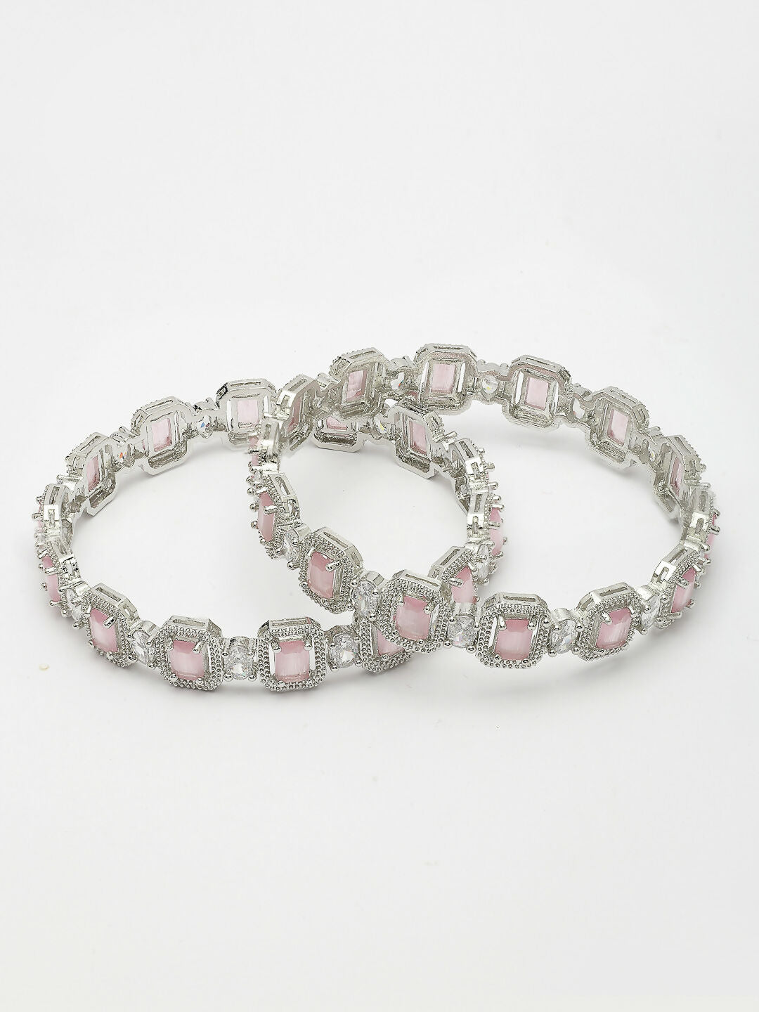 NVR Women's Set of 2 Silver-Plated Pink AD-Studded Bangles | Grocsy
