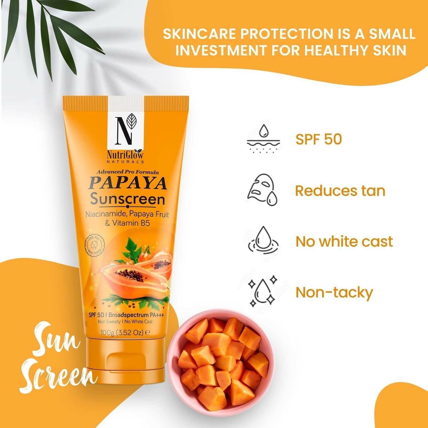 NutriGlow NATURAL'S Advanced Pro Formula Papaya Sunscreen SPF 50 PA+++ | Grocsy