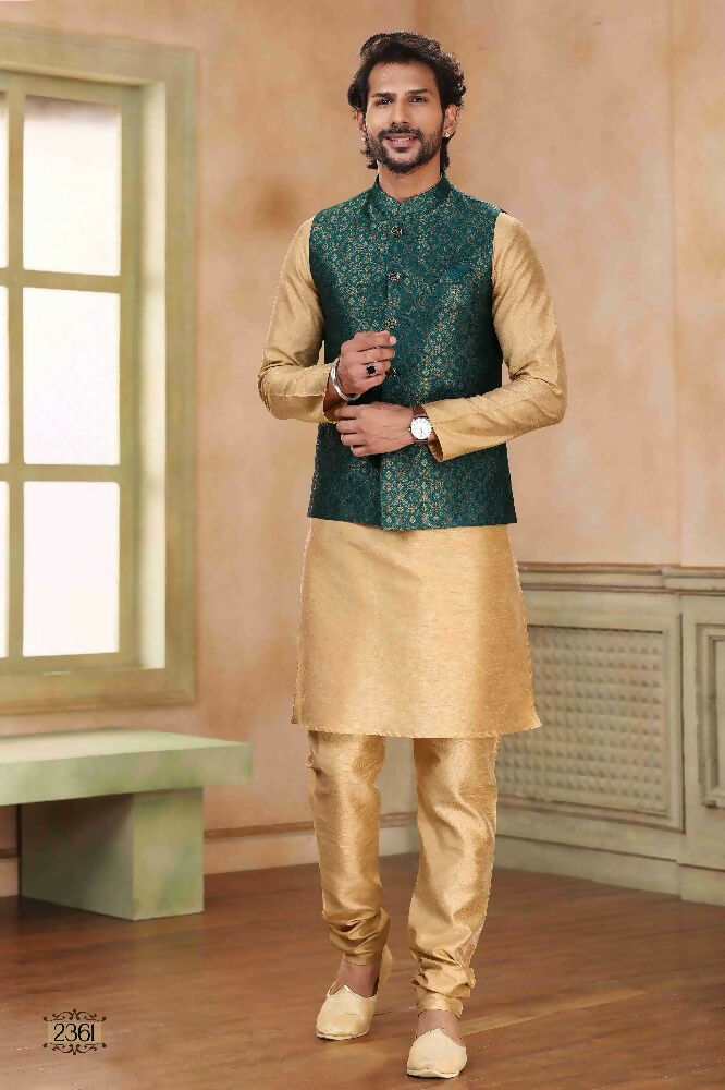 Raivat Ethnic Jacquard Banarasi Silk Woven Work 3 Pics Jacket Set In Green Colour | Grocsy