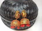 Terracotta Peacock Stud Ethnic Jhumkas-Gold Red | Grocsy