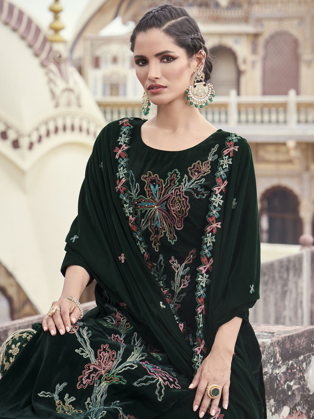 Jyoti Fashion Women's Green Velvet Resham Thread with Jari & Sequin Kurta with Trouser & Dupatta | Grocsy