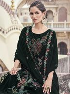 Jyoti Fashion Women's Green Velvet Resham Thread with Jari & Sequin Kurta with Trouser & Dupatta | Grocsy