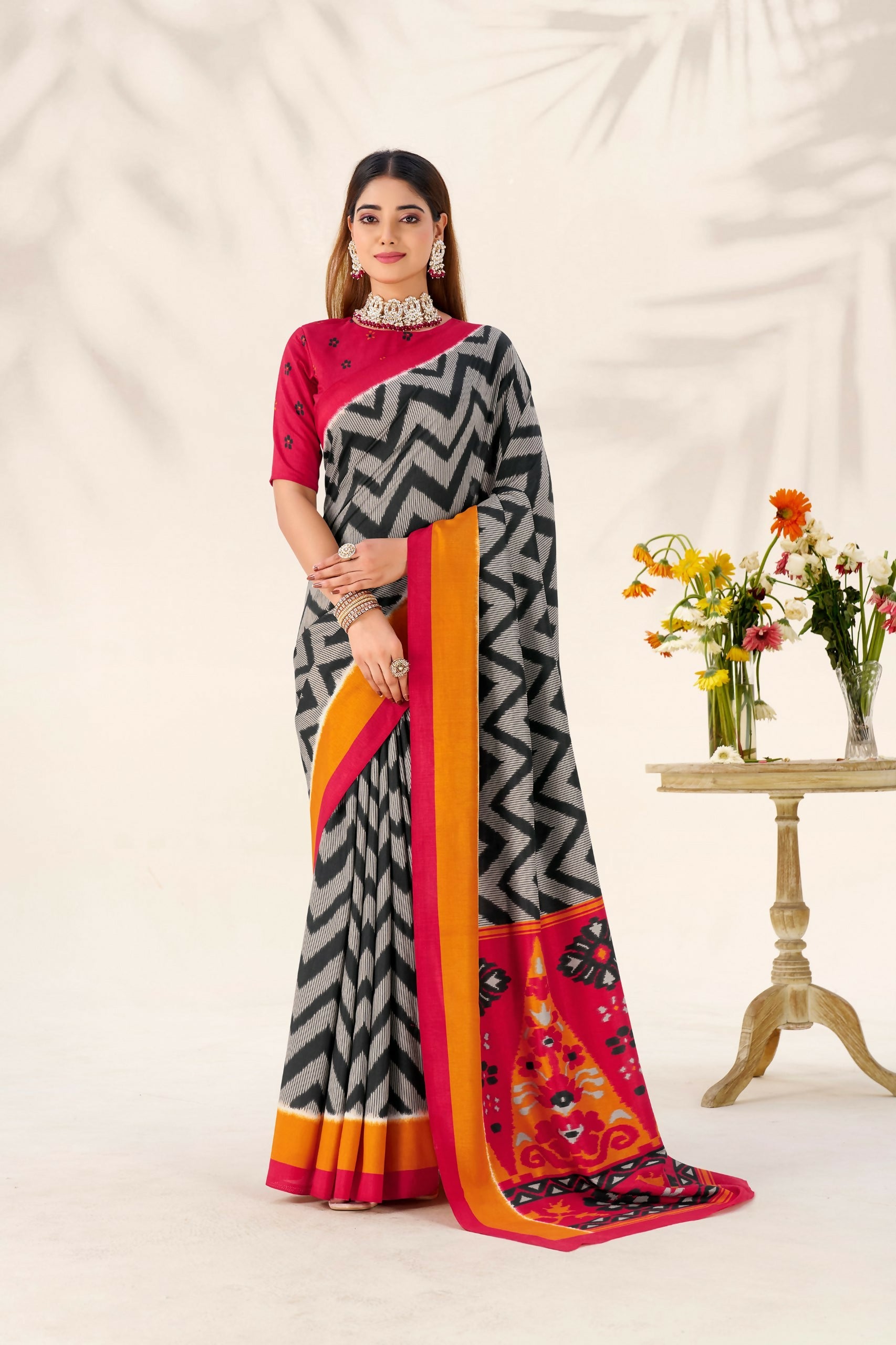 Vastranavya Black Tussar Silk Zigzag Waves Printed Saree with Unstitched Blouse | Grocsy