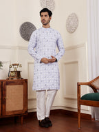 Light Purple Linen Designer Embroidery Work Men's Rajwadi Kurta Set - Mahotsav | Grocsy