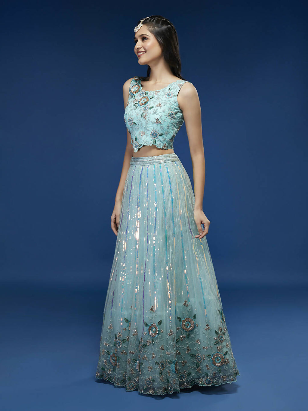 House of Panchhi Turquoise Blue Net Sequinse Work Lehenga & Blouse, Dupatta | Grocsy