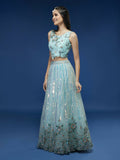 House of Panchhi Turquoise Blue Net Sequinse Work Lehenga & Blouse, Dupatta | Grocsy