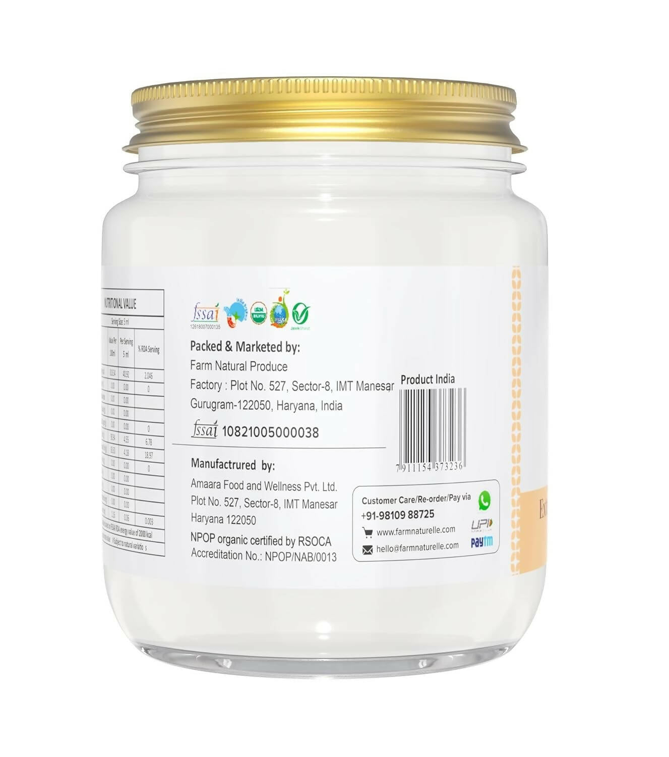 Farm Naturelle 100% Pure Organic Extra-Virgin Cold Pressed Coconut Oil | Grocsy