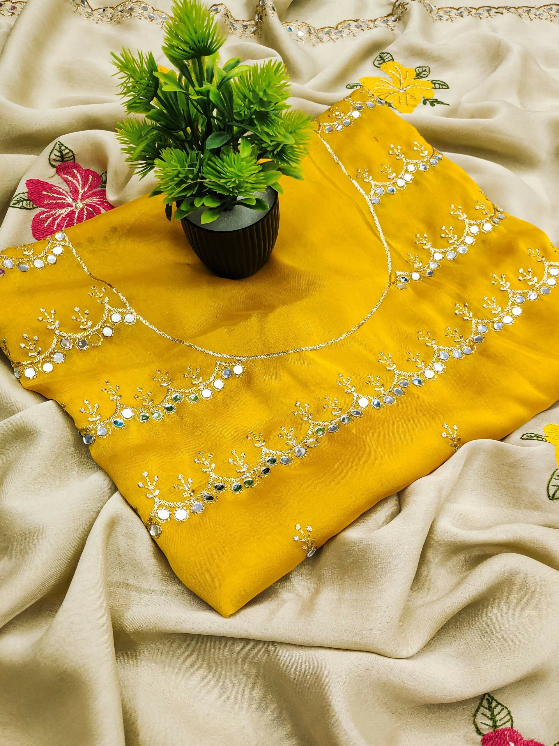 Teeya Creation Cream Rangoli Silk Embroidery Work Party Wear Designer Saree | Grocsy