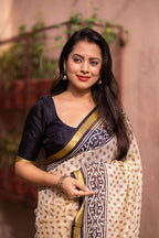 Cream Silk Blend Geometric Saree with Unstitched Blouse - A2M | Grocsy