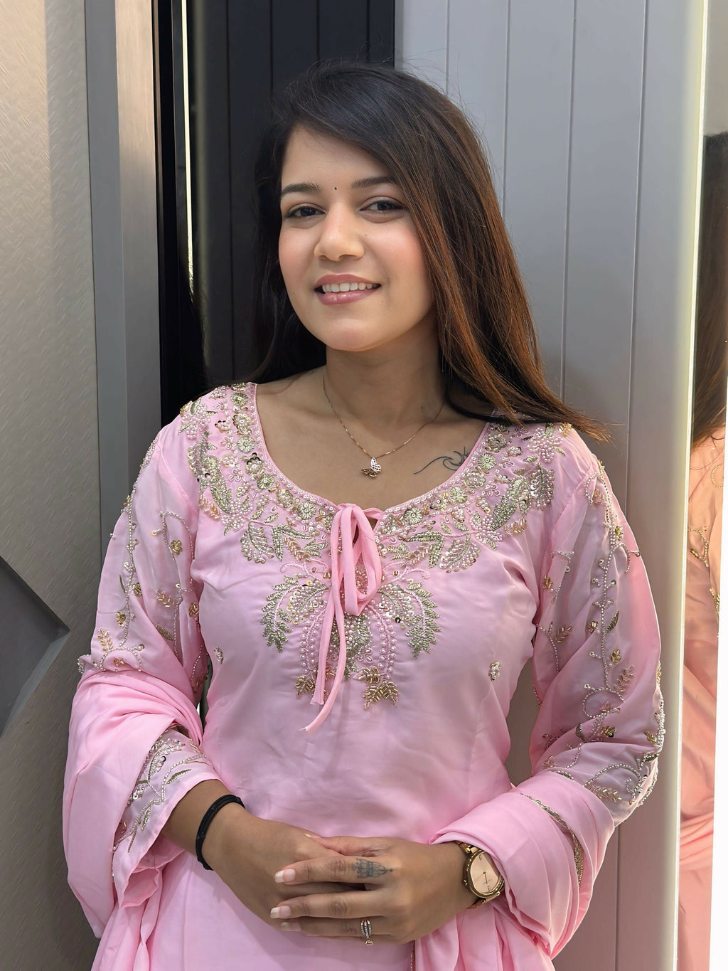 Anaita Peach Crape Readymade Kurti Set with Beads Sequence Work | Grocsy