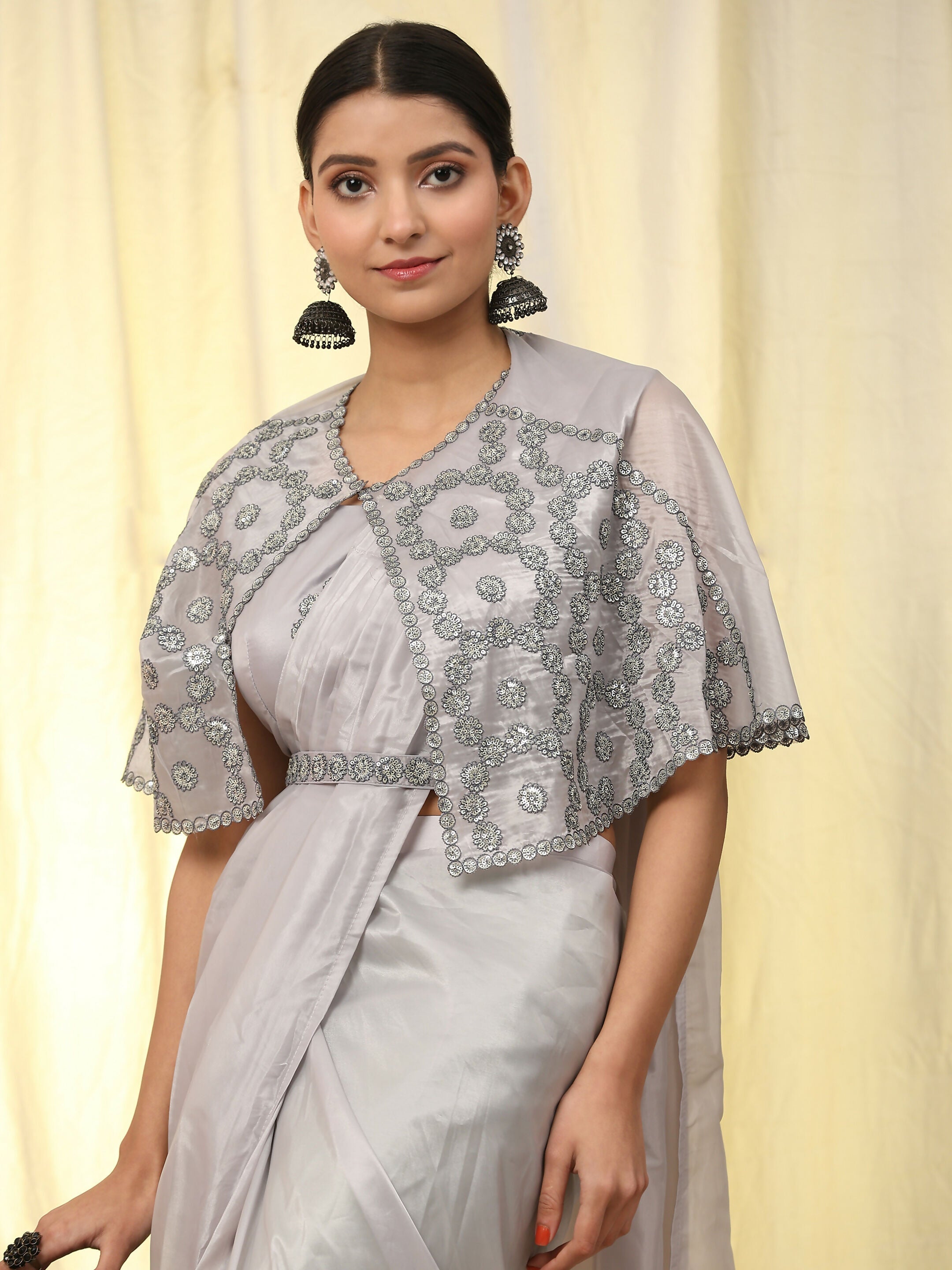 Grey Satin Solid Ready to wear Saree with stitched Blouse - Vanita | Grocsy