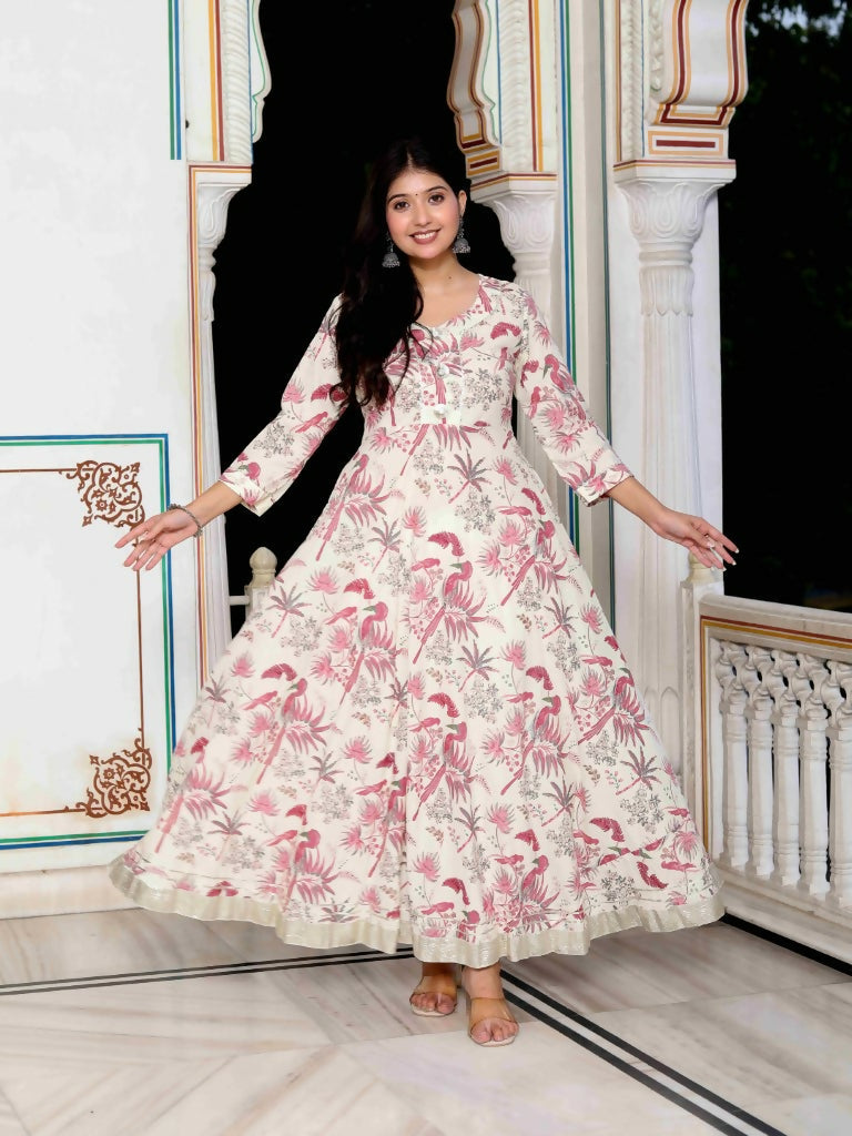 Miravan Women's Light Pink Cotton Gotapatti Birds And Leaf Floral Printed Anarkali Kurta | Grocsy