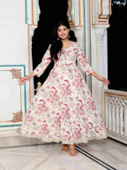 Miravan Women's Light Pink Cotton Gotapatti Birds And Leaf Floral Printed Anarkali Kurta | Grocsy