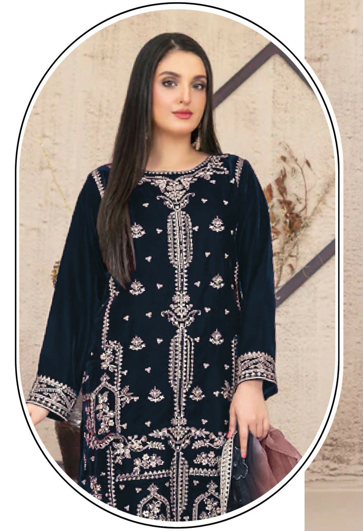 Anaita Navy Blue Velvet Suit with Embroidery Sequence Work | Grocsy