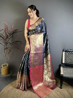 Prime Volt Pure Handloom Kanjivaram Katan Silk Saree with Antique Zari & Contrast Pallu-Deep Vibrant Blue | Grocsy