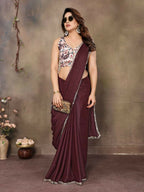 PR Fashion Brown Star Georgette Solid Georgette With Mirror Border Saree | Grocsy
