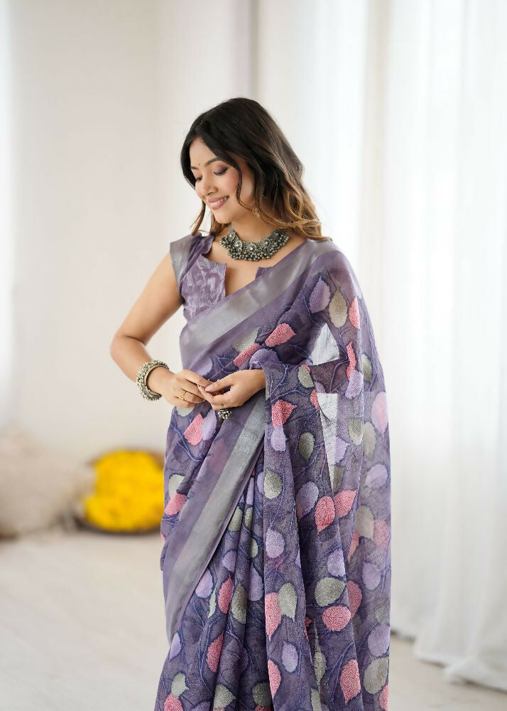 PR Fashion Lavender Linen Patta Printed Saree | Grocsy