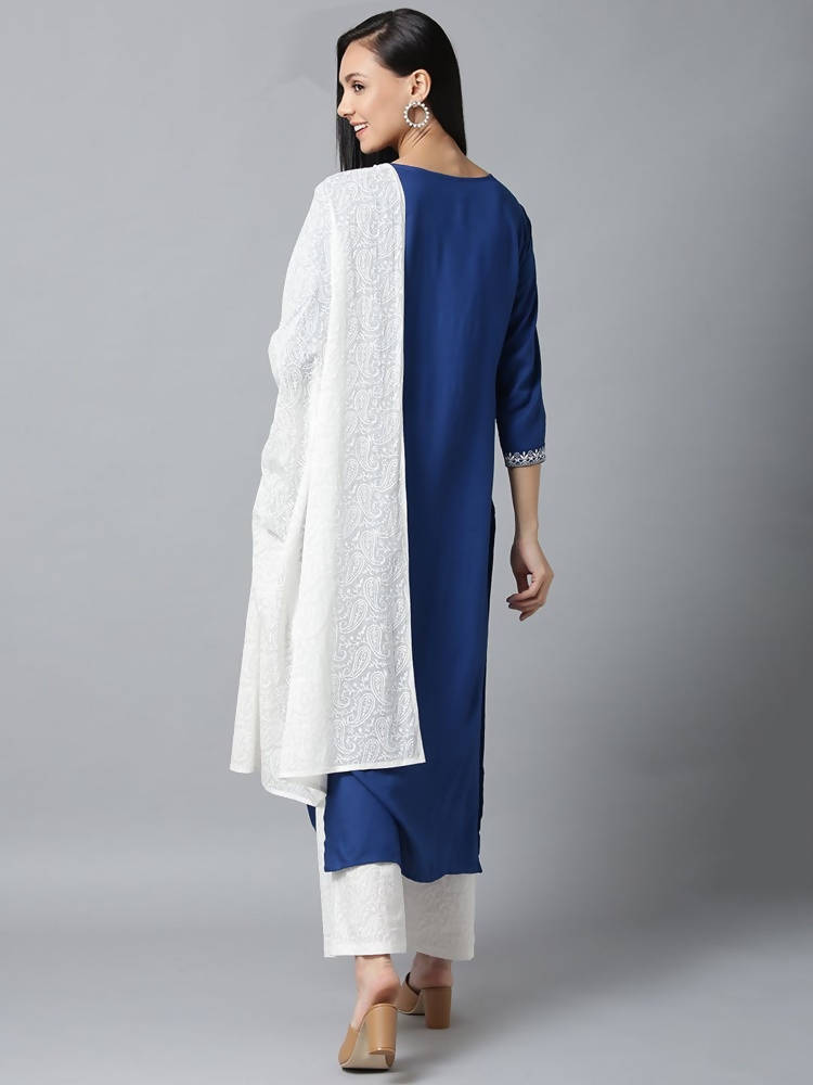 Yufta Women Blue & White Yoke Design Kurta with Palazzo & Dupatta | Grocsy