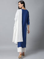 Yufta Women Blue & White Yoke Design Kurta with Palazzo & Dupatta | Grocsy
