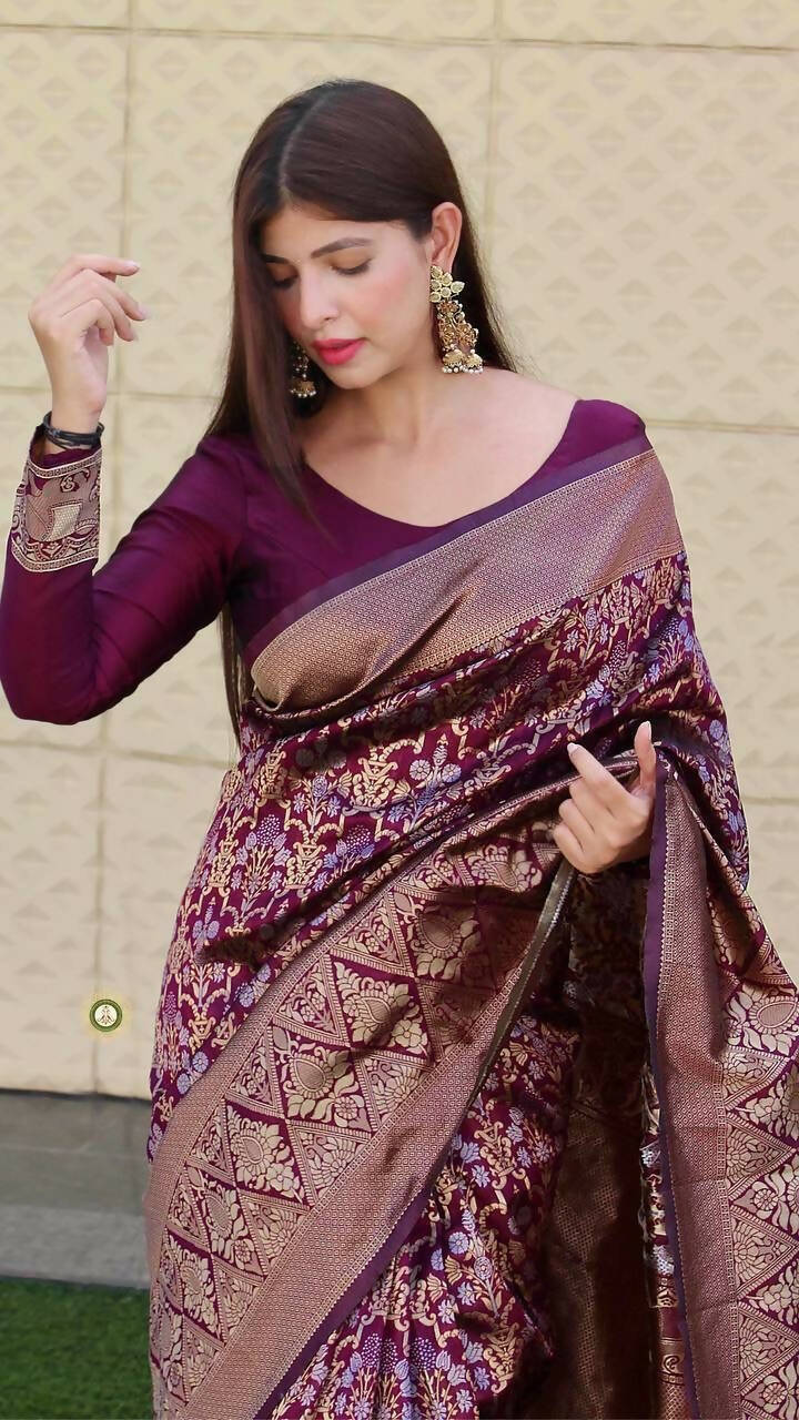 DEIANA'S Beautiful Designer Golden zari Soft Lichi Silk Saree - Wine | Grocsy