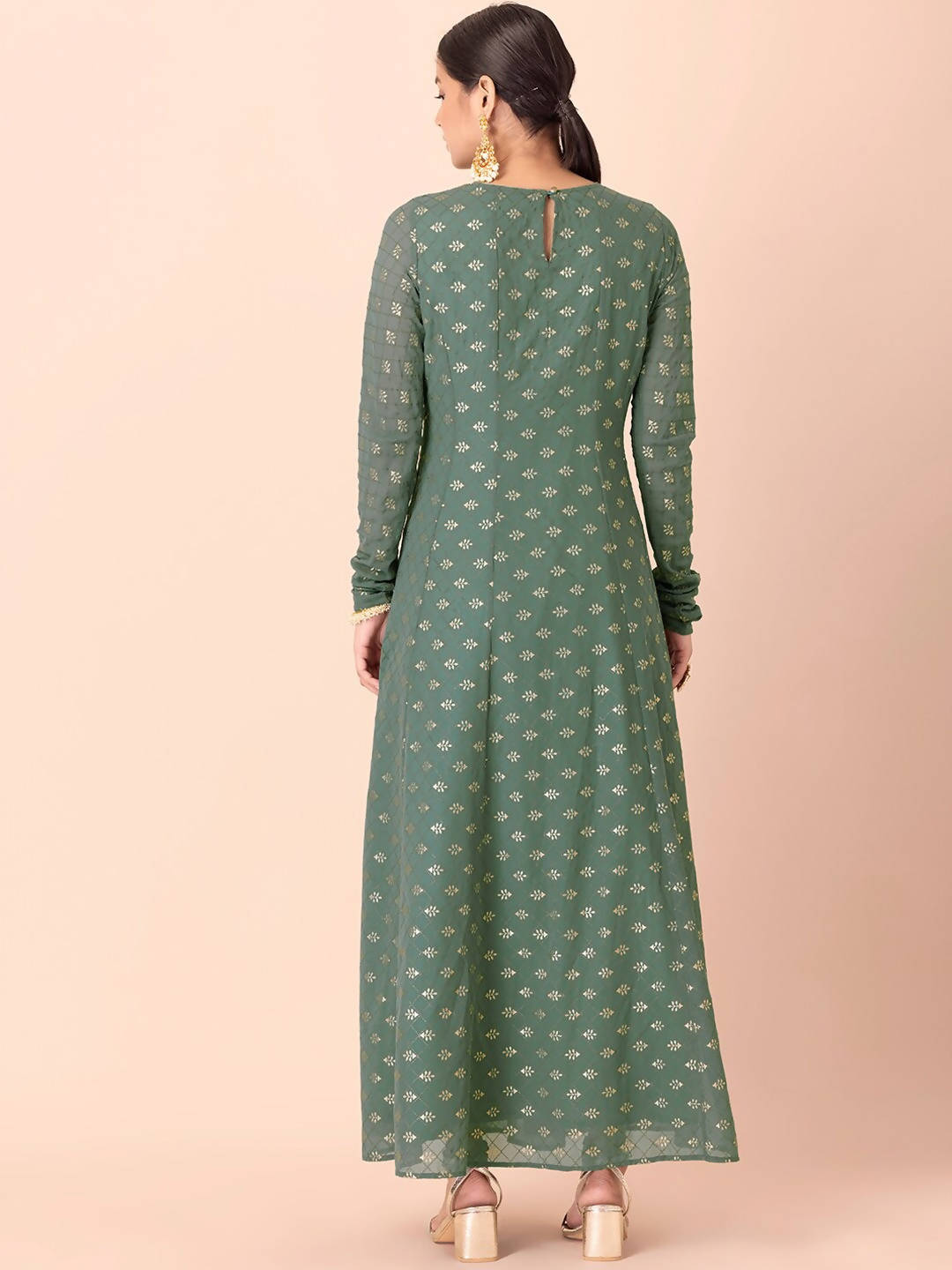 Indya Green & Gold-Toned Ethnic Motifs Printed Georgette Anarkali Kurta | Grocsy