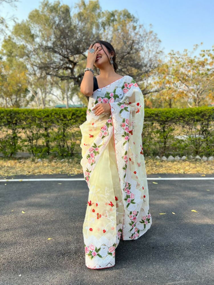 Vamsee Kamaljaal Yellow Organza Saree | Grocsy