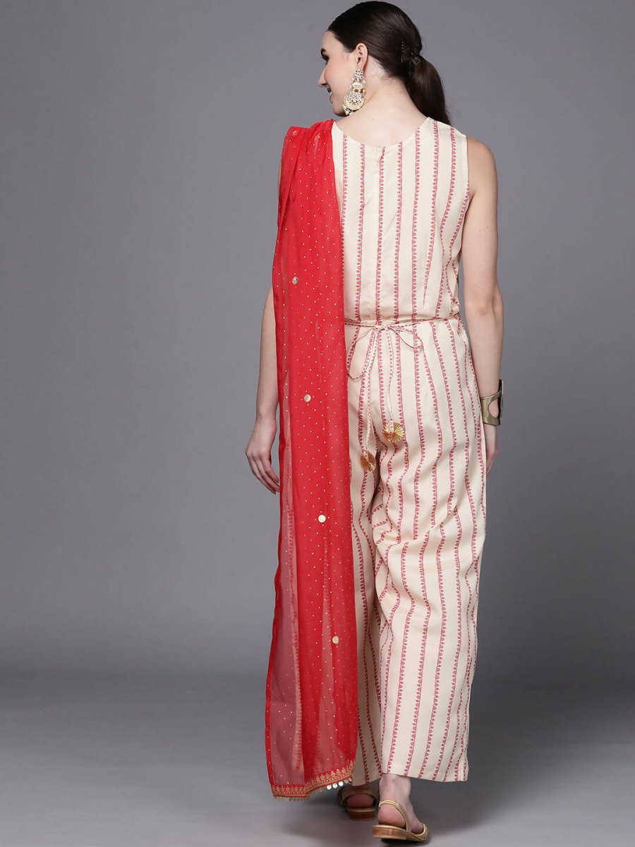 Ahalyaa Off White & Red Printed Basic Jumpsuit | Grocsy
