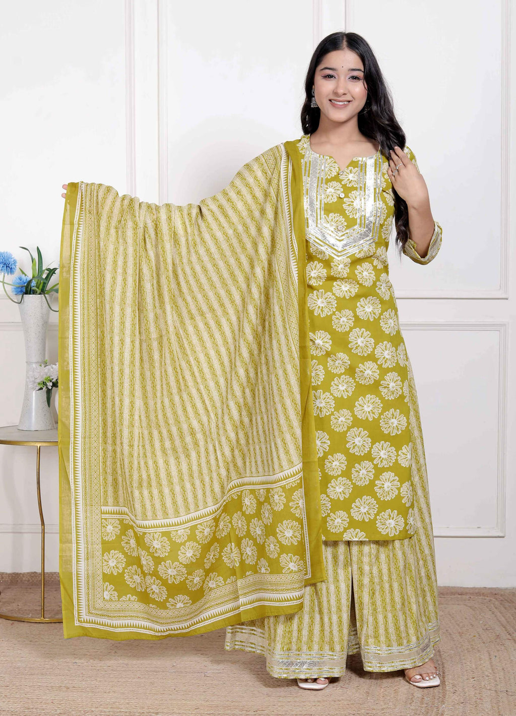 Miravan Women's Lime Yellow Embroidered Straight Kurta with Palazzo and Dupatta | Grocsy
