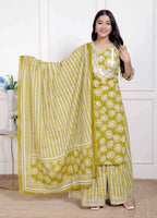 Miravan Women's Lime Yellow Embroidered Straight Kurta with Palazzo and Dupatta | Grocsy