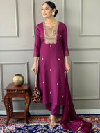 Partywear Designer Rayon Slub Wine Stitched Suit With Dupatta - Tanisha | Grocsy