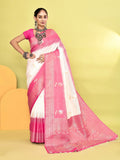 Joban Fashion White & Rani Pink Plain With Weaving Border Banarasi Silk Sarees | Grocsy