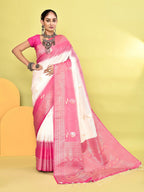 Joban Fashion White & Rani Pink Plain With Weaving Border Banarasi Silk Sarees | Grocsy