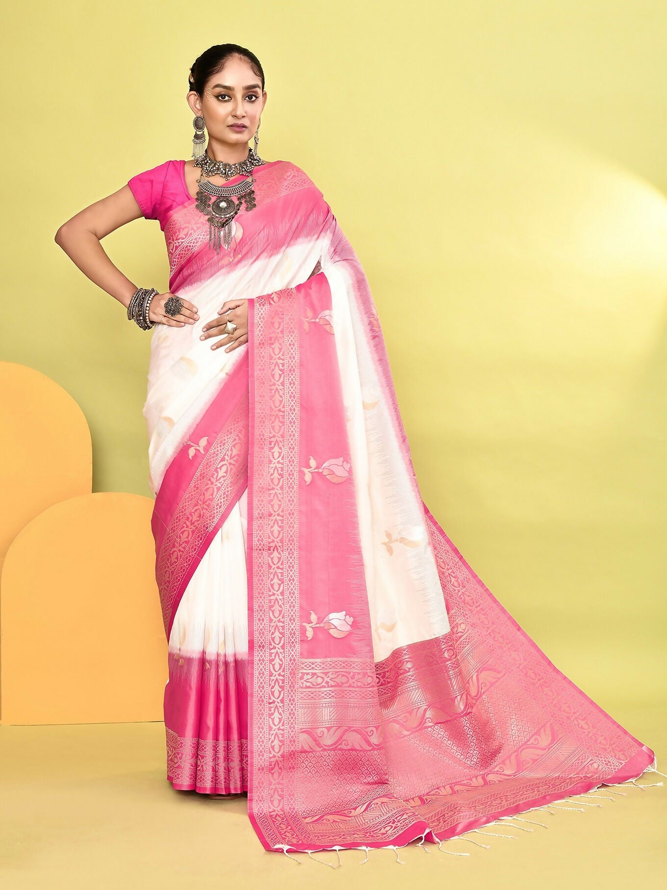 Joban Fashion White & Rani Pink Plain With Weaving Border Banarasi Silk Sarees | Grocsy