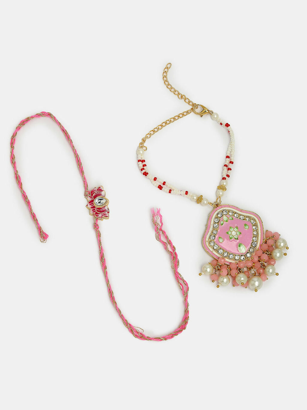 NVR Women & Men Set of 2 Pink Lotus Shape Kundan Stone-Studded & Beaded Bhaiya Bhabhi Rakhi With Roli Chawal & Chocolate | Grocsy